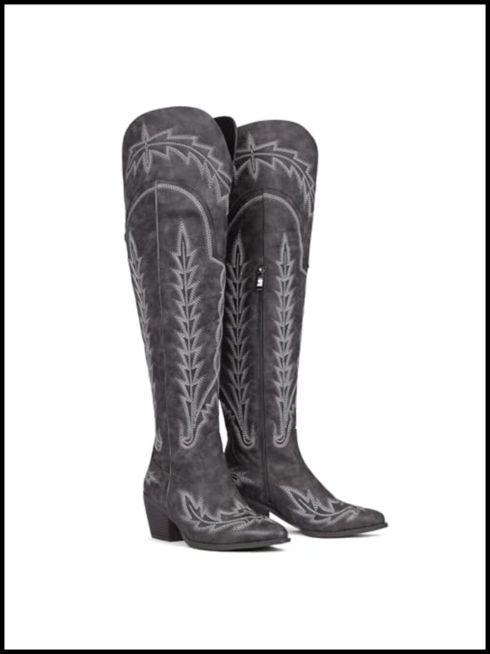 Wide Calf Embroidered Knee High Western Boots Pointed Toe Chunky Heel